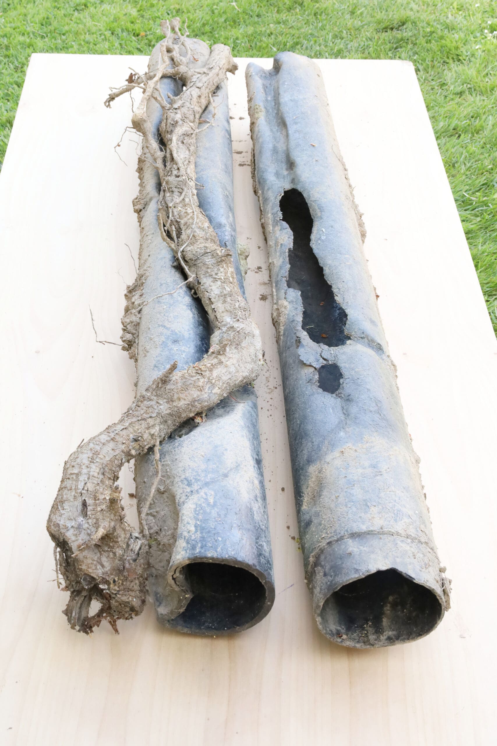 Two septic pipes that have been damaged by tree roots